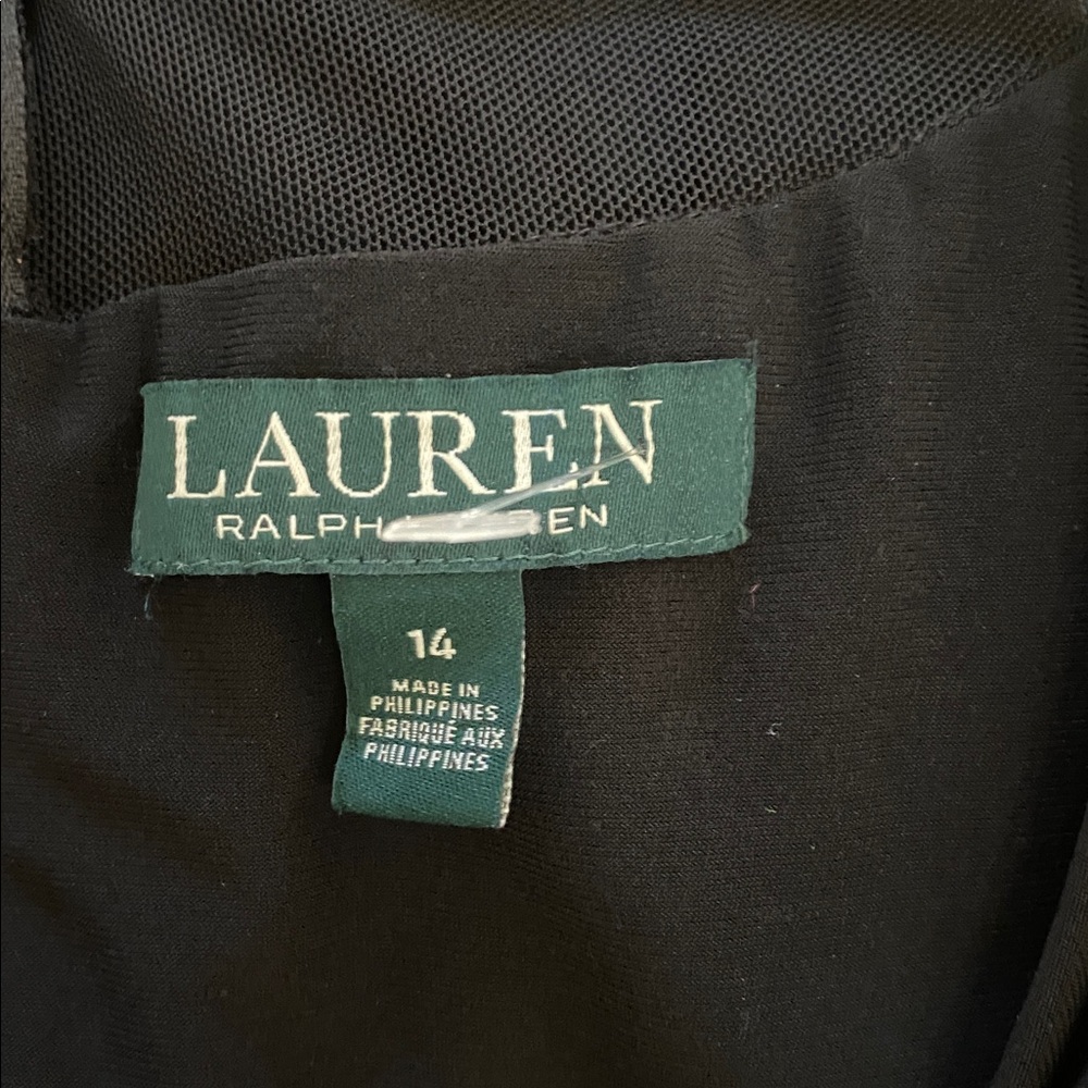 NWT Lauren Ralph Lauren Classic Black Dress with mesh draped neckline. Size 14 - Picture 11 of 13